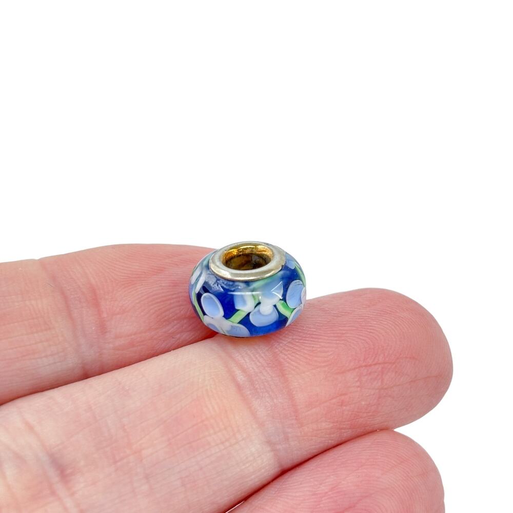 Vintage Blue Floral Glass Charm Bead